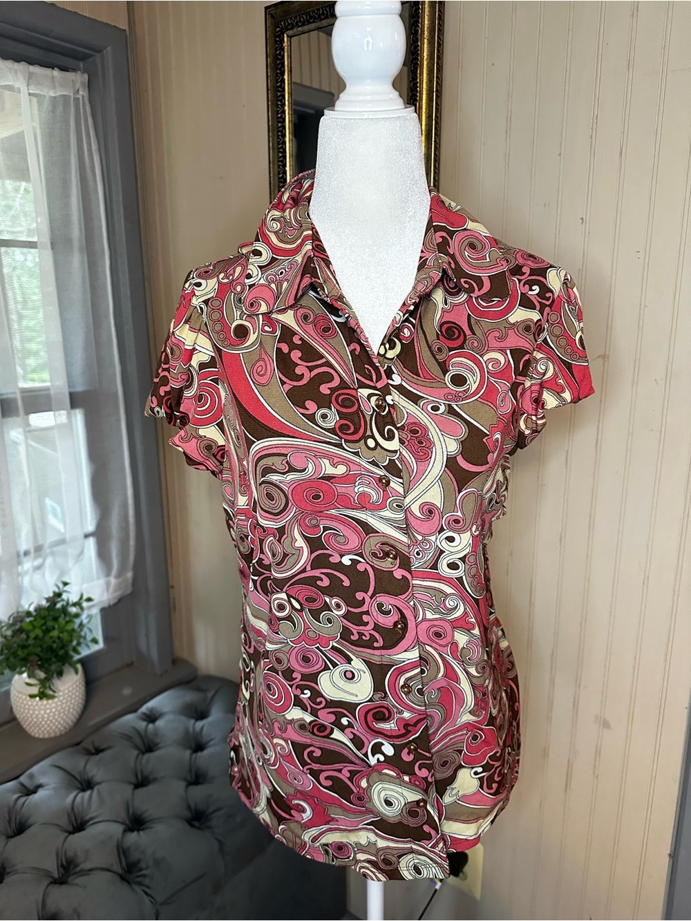 NWT INC Concepts Petite L Pink Brown Paisley Swirl Button Front Y2K Blouse